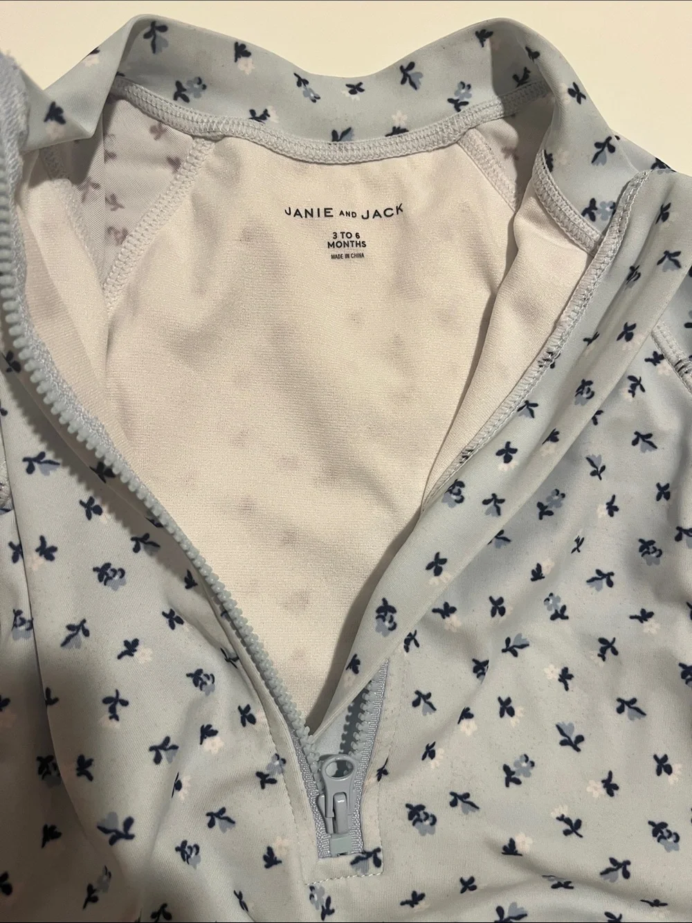 Baby Long-Sleeve One-Piece Swimsuit - Light Blue with Navy Print
